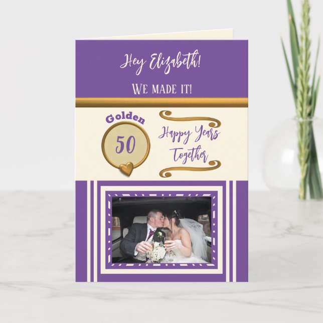 Golden 50th anniversary happy years purple cream card (Front)