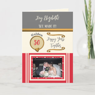 Golden 50th anniversary happy years red grey card