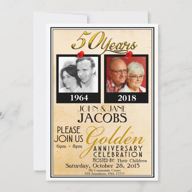 Golden 50th Anniversary Invitation w/envelopes (Front)