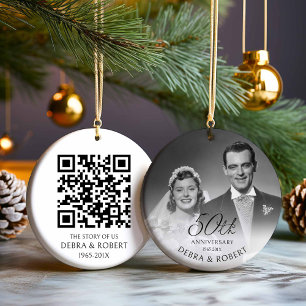 Golden 50th Anniversary Photo Ornament with QR Cod