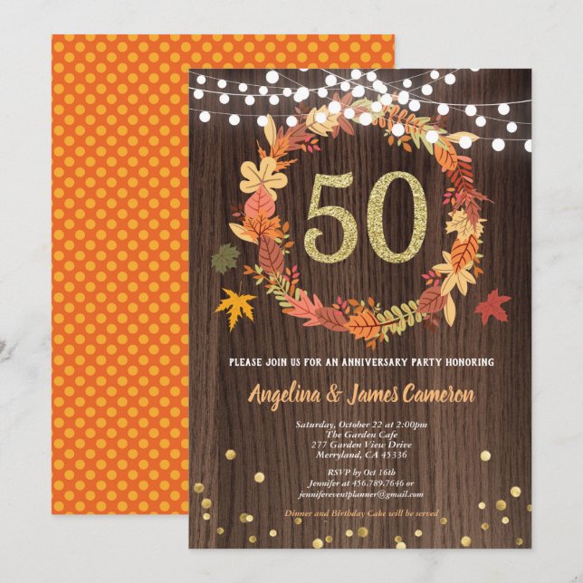 Golden 50th anniversary thanksgiving wreath wood invitation (Front/Back)