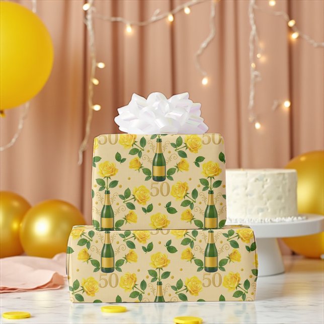 Golden 50th Anniversary Yellow Roses Wrapping Pape Paper (Golden 50th anniversary gift wrap with yellow roses and champagne bottle pattern)