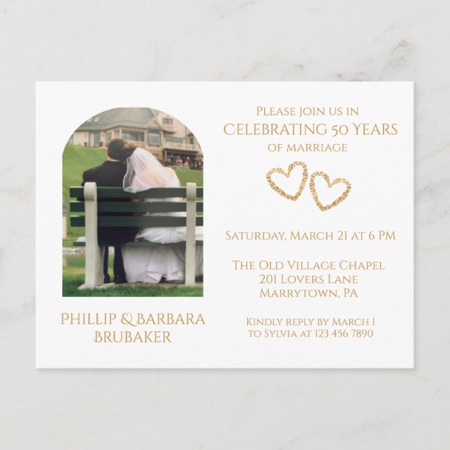 Golden 50th Wedding Anniversary Arch Photo Hearts  Invitation Postcard (Front)