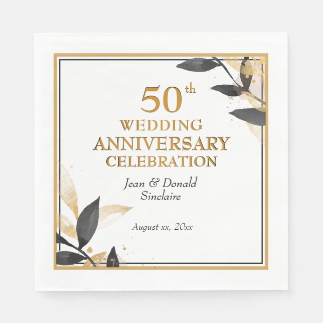 Golden 50th Wedding Anniversary, Black and Gold, Napkin (Front)