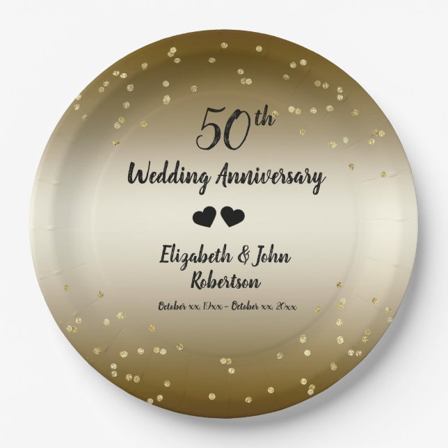 Golden 50th Wedding Anniversary Confetti Elegant Paper Plate (Front)