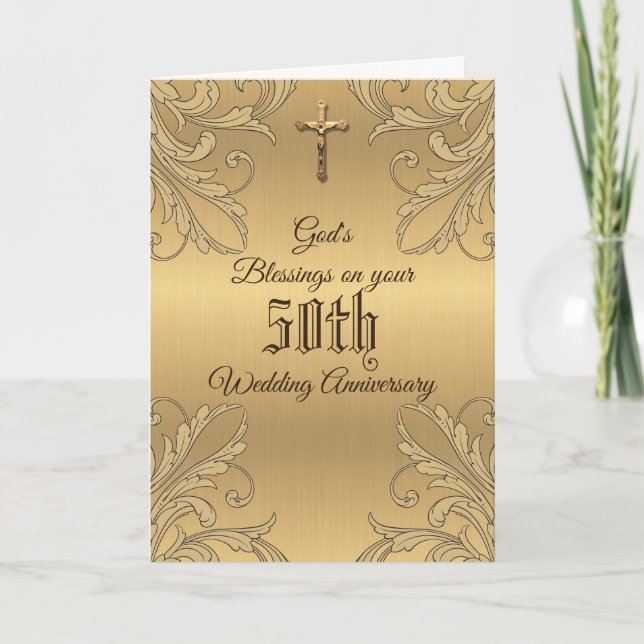 Golden 50th Wedding Anniversary Crucifix Scripture Card (Front)
