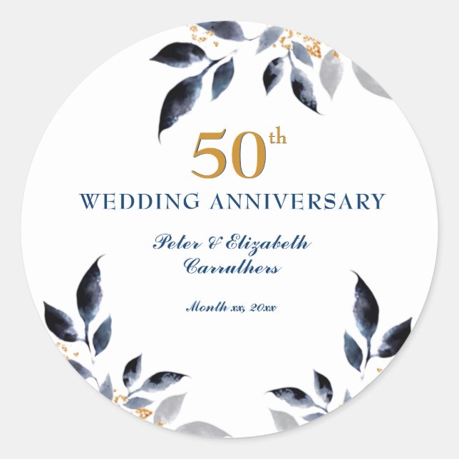Golden 50th Wedding Anniversary, Gold And Navy Classic Round Sticker (Front)