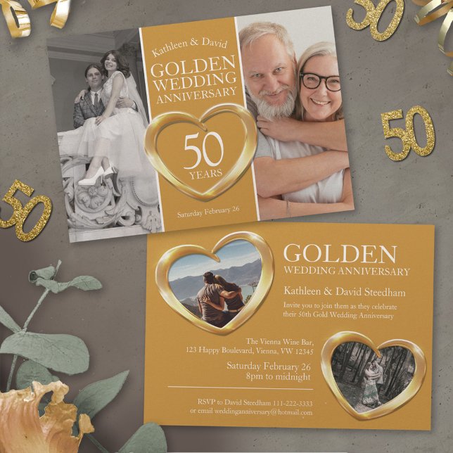Golden 50th wedding anniversary heart party invitation (Creator Uploaded)