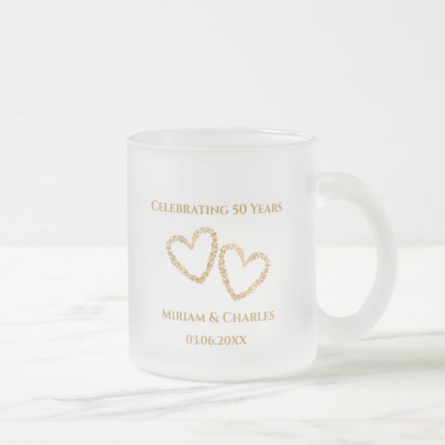 Golden 50th Wedding Anniversary Heart Personalised Frosted Glass Coffee Mug (Right)