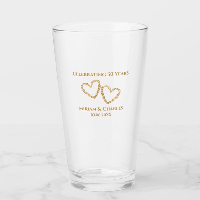 Golden 50th Wedding Anniversary Heart Personalised Glass (Front)