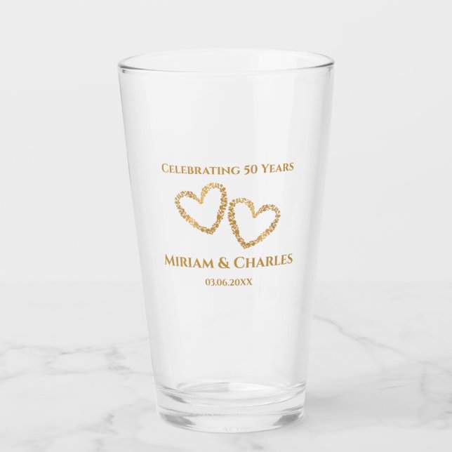 Golden 50th Wedding Anniversary Heart Personalised Glass (Front)