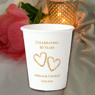Golden 50th Wedding Anniversary Heart Personalised Paper Cups