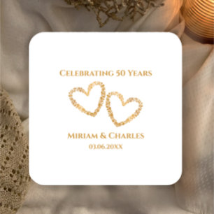 Golden 50th Wedding Anniversary Heart Personalised Square Paper Coaster