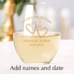 Golden 50th Wedding Anniversary Heart Personalised Stemless Wine Glass<br><div class="desc">Add the couple's names to these beautiful golden 50th wedding anniversary stemless wine glasses. The golden tan simple, modern script is not real foil but faux gold. All the elegant typography is editable. Personalise these elegant keepsake glasses with the couples names and wedding anniversary date for a beautiful party table....</div>