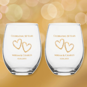 Golden 50th Wedding Anniversary Heart Personalized Stemless Wine Glass
