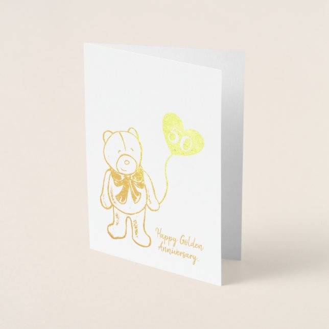 Golden 50th wedding anniversary husband teddy bear foil card (Front)