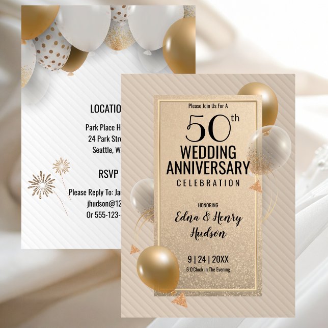 Golden 50th Wedding Anniversary Invitation (Golden 50th Wedding Anniversary Invitation with Gold and White)