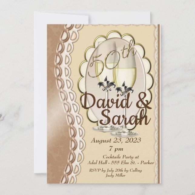 Golden 50th Wedding Anniversary Invitation Cards (Front)