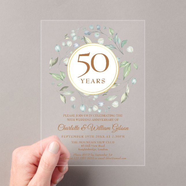 Golden 50th Wedding Anniversary Laurel Greenery  Acrylic Invitations (Insitu (Handheld))