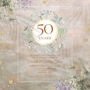 Golden 50th Wedding Anniversary Laurel Greenery Acrylic Invitations