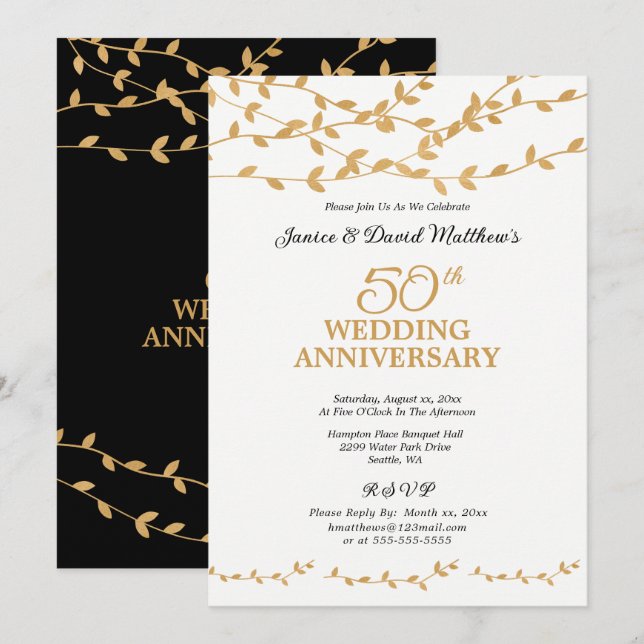 Golden 50th Wedding Anniversary Party Elegant Invitation (Front/Back)