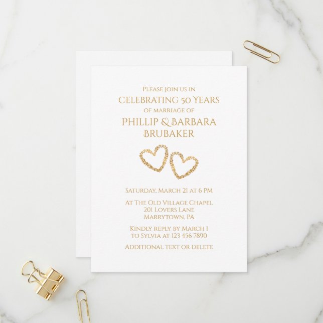 Golden 50th Wedding Anniversary Party Heart Custom Invitation Postcard (Front/Back In Situ)