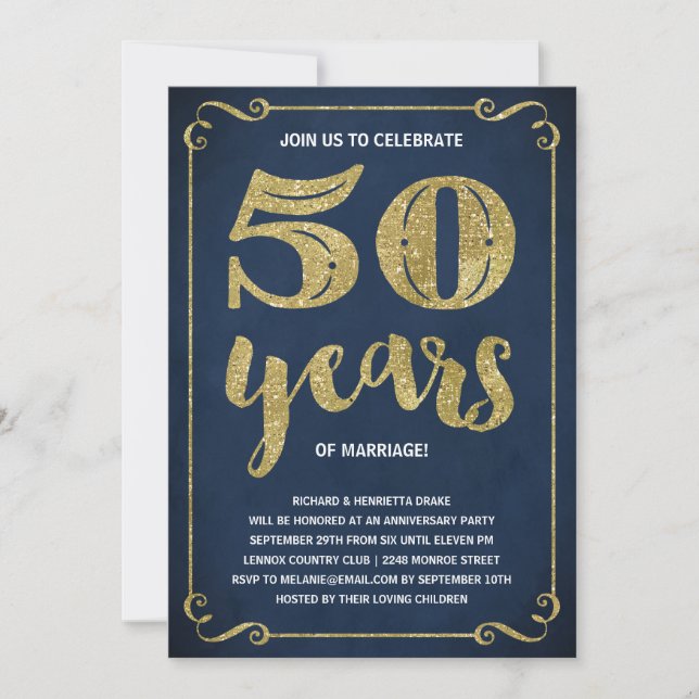 Golden 50th Wedding Anniversary Party Invitation (Front)