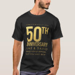 Golden 50th Wedding Anniversary Personalised Party T-Shirt<br><div class="desc">NOTE - these are printed images of foil... not actually foil embossed print on fabric (to get foil embossing on fabric would cost at least 3 times as much). Personalise this sophisticated, contemporary, simple, elegant gold 50th anniversary top/t-shirt for a friend/relatives 50th anniversary. A quality keepsake for such a big...</div>