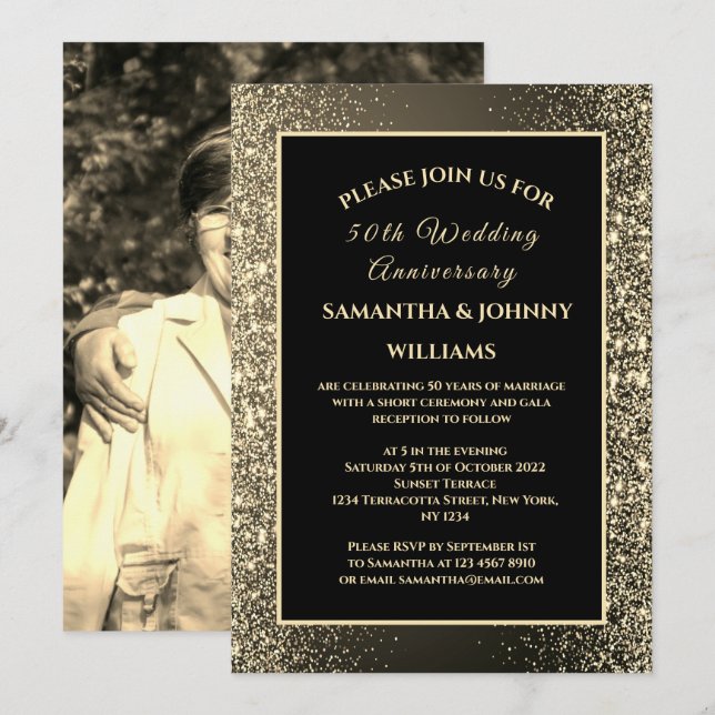 Golden 50th Wedding Anniversary Photo Gold Invitation (Front/Back)