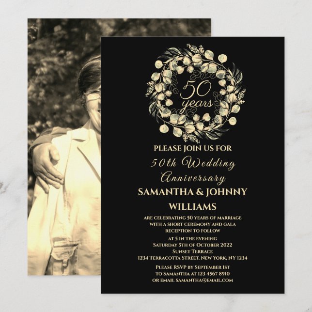 Golden 50th Wedding Anniversary Photo Gold Invitation (Front/Back)