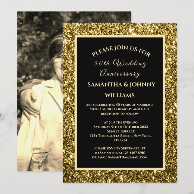 Golden 50th Wedding Anniversary Photo Gold Invitation (Front/Back)