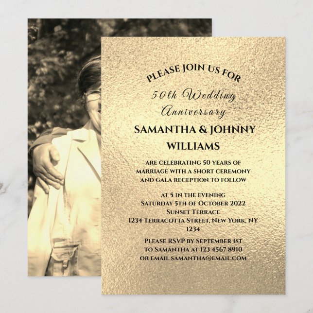 Golden 50th Wedding Anniversary Photo Gold Invitation (Front/Back)