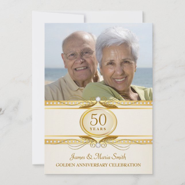 Golden 50th Wedding Anniversary Photo Invites (Front)