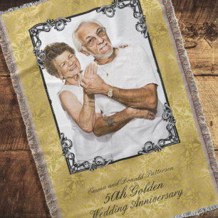 Golden 50th Wedding Anniversary Photo Monogram Throw Blanket