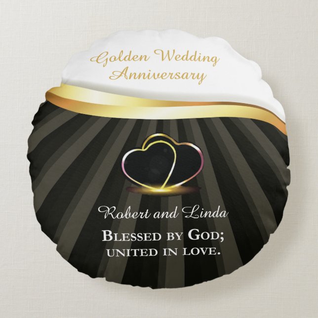 Golden 50th Wedding Religious Anniversary  Round Cushion (Front)