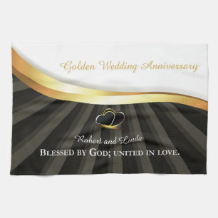 Golden 50th Wedding Religious Anniversary  Tea Towel