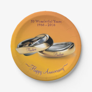 Golden 50th Wedding Rings Anniversary Disposable Paper Plate