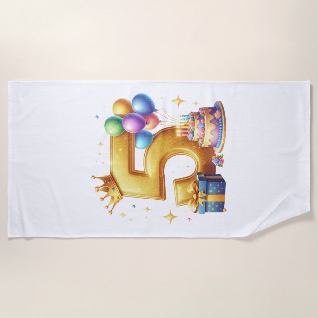 Golden 5th Birthday Beach Towel (Front)