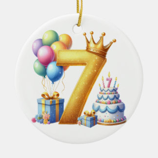 Golden 7th Birthday Ceramic Tree Decoration