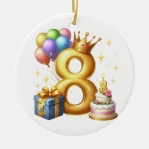 Golden 8th Birthday Ceramic Tree Decoration
