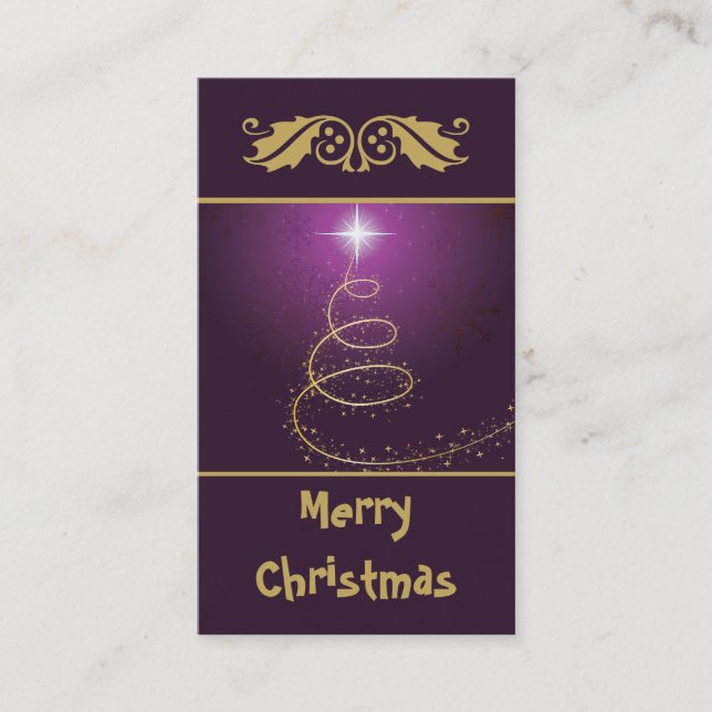Golden abstract Christmas Tree on glowing purple Business Card (Front)
