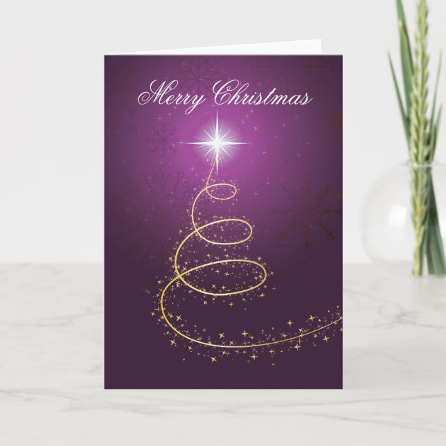 Golden abstract Christmas Tree on glowing purple Holiday Card (Front)