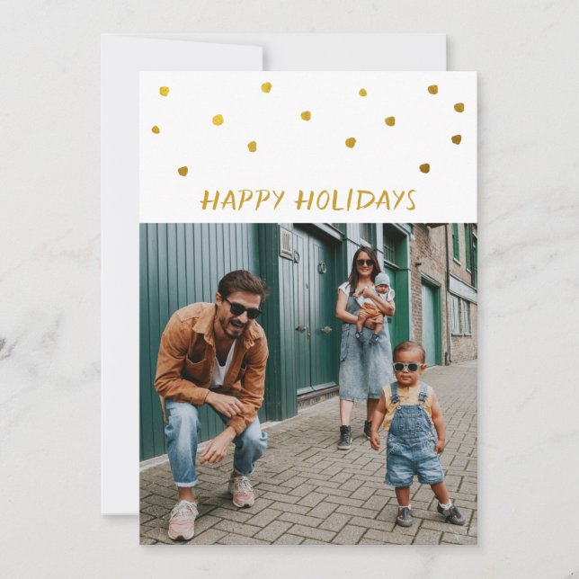 Golden Abstract Dots Happy Holidays Photo Two Side Holiday Card (Front)