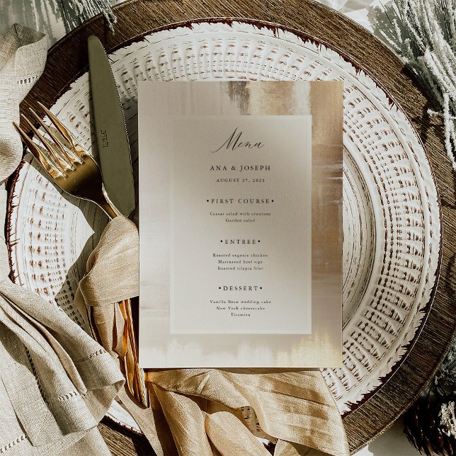 Golden Abstract | Elegant Wedding Menu (An elegant, faux gold abstract look and a trendy neutral center frame decorate this wedding menu)