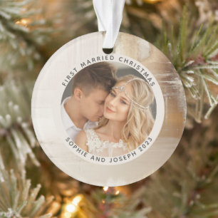 Golden Abstract First Married Christmas Photo Ornament