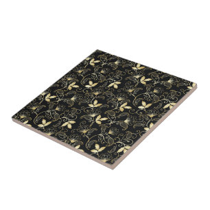 Golden Abstract Floral on Black Background Tile