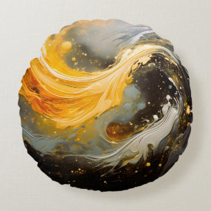 Golden Abstract Marble Modern Waves Round Cushion