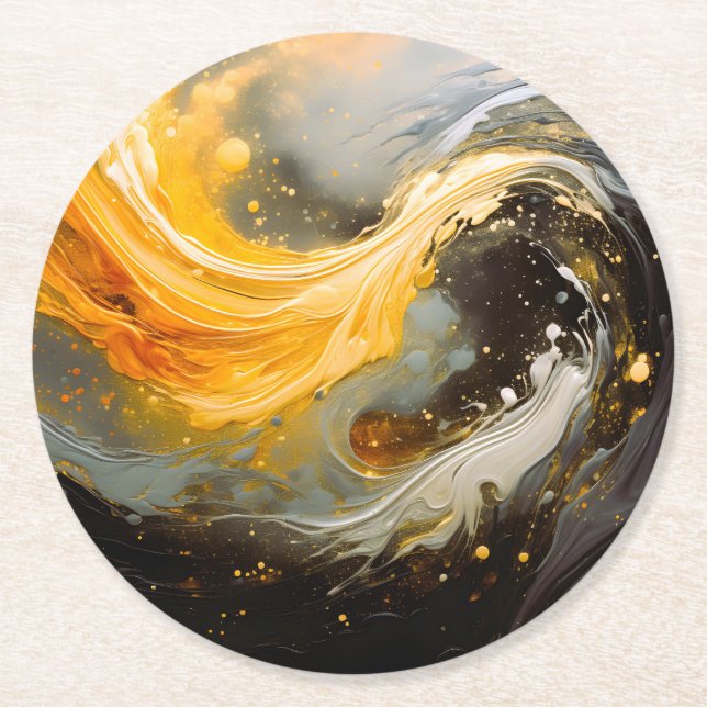 Golden Abstract Marble Modern Waves Round Paper Coaster (Front)