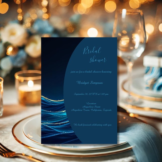 Golden Accented Abstract Ocean Waves wedding Invitation (Creator Uploaded)