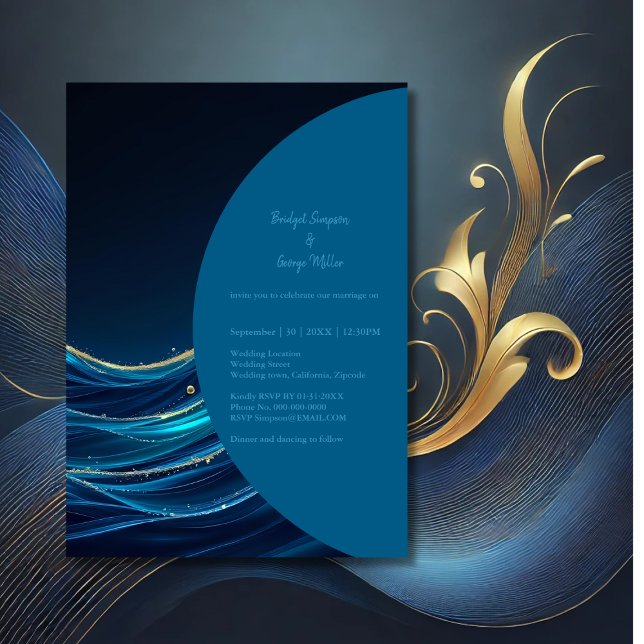 Golden Accented Abstract Ocean Waves wedding Invitation (Creator Uploaded)